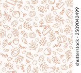 Thanksgiving seamless pattern for warm and cozy season design. Orange outline pumpkin, leaves, pumpkin pie, pumpkin spice latte. Pattern with food, drinks and plants.