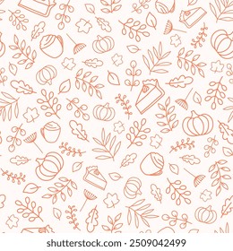 Thanksgiving seamless pattern for warm and cozy season design. Orange outline pumpkin, leaves, pumpkin pie, pumpkin spice latte. Pattern with food, drinks and plants.