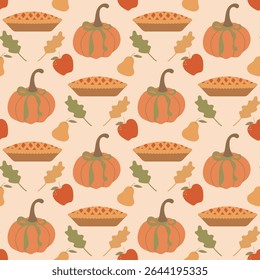 Thanksgiving seamless pattern. Warm and cozy seasonal design. Pumpkin with cute bow, autumn leaves, pumpkin pie, apples and pears. Vector colorful autumn background.