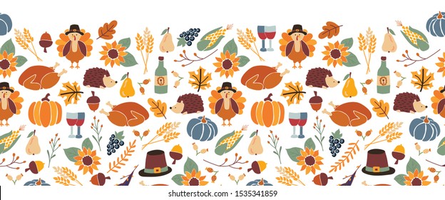 Thanksgiving seamless vector border. Autumn food roast turkey corn wine pumpkin family dinner greeting card repeating pattern design. Harvest festival. Fall party invitation banner. Happy Thanksgiving