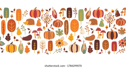 Thanksgiving seamless vector border. Seamless Autumn pattern corn tree pumpkin pear sunflower acorn greeting card repeating design. Harvest festival. Use for banner, Thanksgiving decor, footer, header