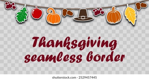 Thanksgiving seamless vector border, bunting with silhouettes pumpkin, apple, berries and autumn leaves. repeating background, element of design for greeting, invitation, cards, header for the website