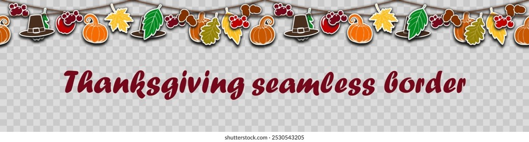 Thanksgiving seamless vector border, bunting with silhouettes pumpkin, apple, berries and autumn leaves. repeating background, element of design for greeting, invitation, cards, header for the website