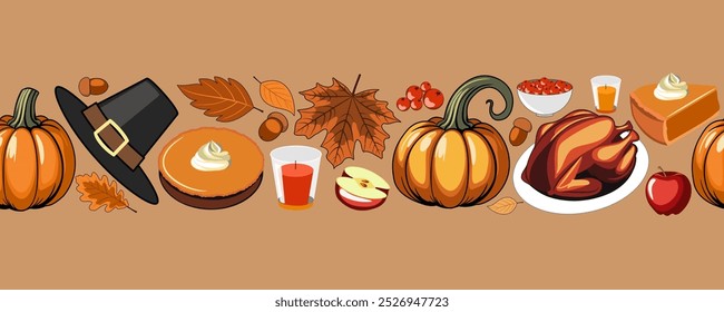 Thanksgiving seamless vector border with pumpkins, hats, turkey, pumpkin pies, berries, acorns and autumn leaves. Autumn repeating background for greeting, invitation, fabric, packaging, dinner party