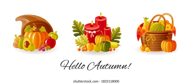 Thanksgiving set. Autumn vector. Fall cartoon illustration. Cute kid icons with pumpkin, harvest cornucopia, candles, basket. Happy Thanks giving day graphic, isolated autumn farm clipart collection
