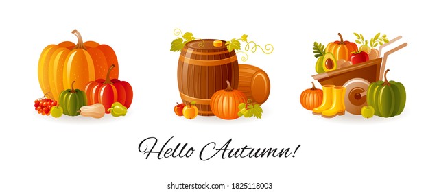 Thanksgiving set. Autumn vector. Fall cartoon illustration. Cute kid icons with pumpkin, harvest whellbarrow, wine casks. Happy Thanks giving day graphic, isolated autumn farm clipart collection