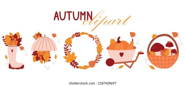 Thanksgiving set. Autumn vector. Fall cartoon illustration. Cute kid icons with pumpkin, harvest. Happy Thanks giving day graphic, isolated autumn farm clipart collection