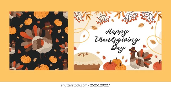 Thanksgiving set - banner and pattern with traditional turkey, apple pie and autumn leaves. Cute elements of  holiday thanksgiving in cartoon happy thanksgiving day concept. For autumn banners, card.