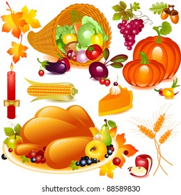 Thanksgiving set. cornucopia with pumpkin and other vegetables, and traditional elements of Thanksgiving. Vector graphics objects isolated on white background