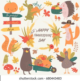 Thanksgiving set with cute forest animals, leaves, mushrooms, fruits and vegetables in cartoon style