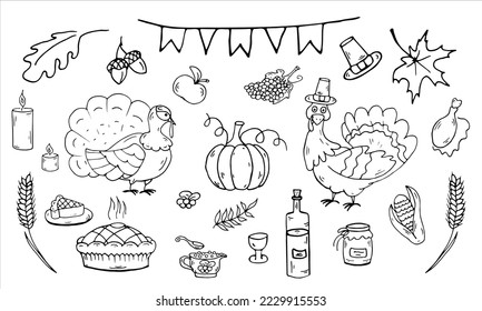 Thanksgiving set Doodle. Coloring page. Elements harvest. Vector illustration. Turkeys, pilgrim hat, pumpkin, fruit pie, apple, candles, wheat, wine, cranberries, corn, leaves, grapes