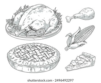 Thanksgiving set elements monochrome with roast turkey and apple pie near corn for october holiday banner design vector illustration