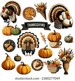 thanksgiving set: falling leaves, pumpkins, turkey, hat, candles and other. Hand-drawn illustration isolated on white background. Perfect for menu, cooking, card, autumn, fall, pie, pumpkin, gourds