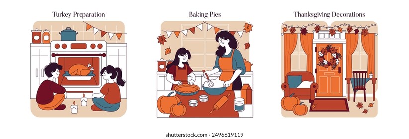 Thanksgiving set. Family preparing turkey, baking pies, and adorning home for the holiday. Festive atmosphere and Thanksgiving traditions. Vector illustration.