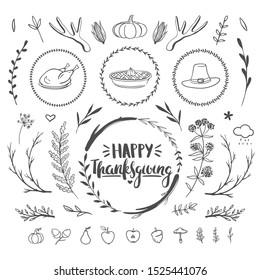 Thanksgiving set with floral decorations, hand drawn lettering and cute doodles. Vector decorations for Thanksgiving holiday cards.