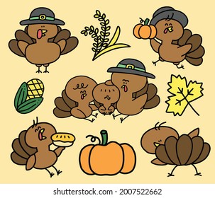 Thanksgiving set with funny turkey family in different characters. Rice, corn, maple leaf and pumpkin are ready for fall season and the party.
