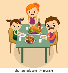 thanksgiving set, isolated happy family at the dinner table eat turkey drink wine. Mother father with childrens celebrate together traditional autumn holiday. People give thanks vector illustration