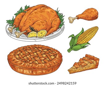 Thanksgiving set labels colorful with traditional food for holiday table with roast turkey and apple pie or corn vector illustration