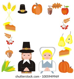 Thanksgiving set with pilgrims: wheat, hat, pumpkin, acorn, apple, rowan, pear, pie, corn, two pilgrims