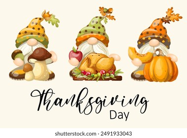 Thanksgiving set three cute dwarves with food. Hand drawing. Isolate on a white background. Vector