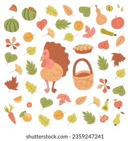 Thanksgiving set with turkey, autumn leaves and vegetables. Color clipart vector illustration.