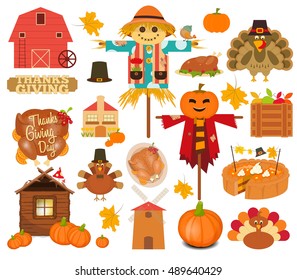 Thanksgiving Set of Turkey Day Objects on White Background. Vector Illustration.