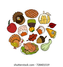 Thanksgiving set vector illustration. Doodle style. Design icon, print, logo, poster, symbol, decor, textile, paper.