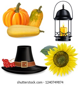 Thanksgiving set Vector realistic. Pumpkins and hat 3d detailed illustration