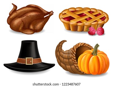 Thanksgiving set Vector realistic. Turkey, pie and hat 3d detailed illustrations