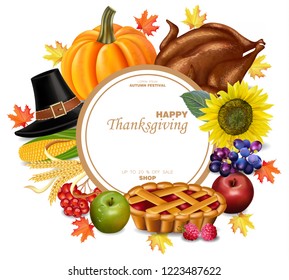 Thanksgiving set Vector realistic. Turkey and autumn harvest 3d detailed illustrations