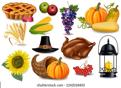 Thanksgiving Set Vector Realistic. Turkey, Pie, Pumpkins, Hat 3d Detailed Illustration