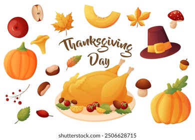 A Thanksgiving set for your design. Turkey, mushrooms, leaves, peligrim hat, pumpkin. Vector 