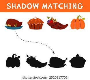 Thanksgiving shadow matching activity for children. Autumn puzzle with turkey, pumpkin pie, pumpkin and cornucopia. Fall educational game for kids. Find the correct silhouette printable worksheet.