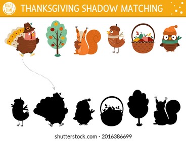 Thanksgiving shadow matching activity with cute animals, harvest. Autumn holiday puzzle with turkey, apples. Find correct silhouette printable worksheet or game. Fall or farm page for kids
