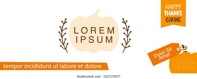 Thanksgiving shop header with pumpkin. Fall celebration blog banner, autumn design with greeting, laurel, flag and tag. November social media cover holiday vector stock image. 