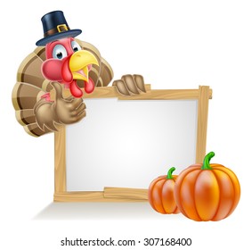 Thanksgiving sign with cartoon turkey bird wearing a pilgrim or puritan thanksgiving hat with pumpkins