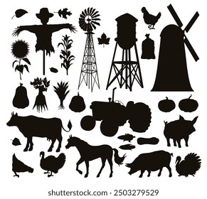 Thanksgiving silhouettes monochrome set elements with mills and agricultural machines or vegetables and animals grown by farmers vector illustration