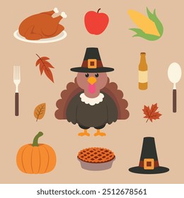 thanksgiving simple vector set, turkey, pie, pumpkin