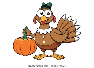 Thanksgiving Smiling cartoon turkey holding a large pumpkin, for holiday posters, children's books, social media graphics