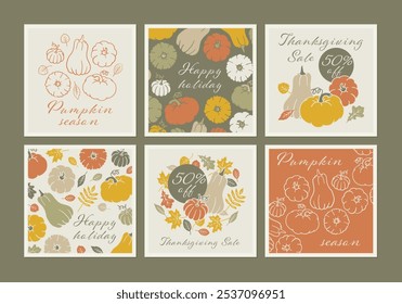 Thanksgiving social media banner set. Autumn greeting card collection. Holiday nature background with pumpkin and fall leaves. Halloween square post. Boho poster with hand drawn illustration.