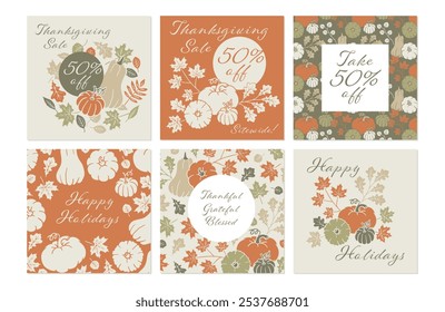 Thanksgiving social media banner set. Autumn greeting card collection. Holiday nature background with pumpkin and fall leaves. Halloween square post. Boho poster with vintage illustration.