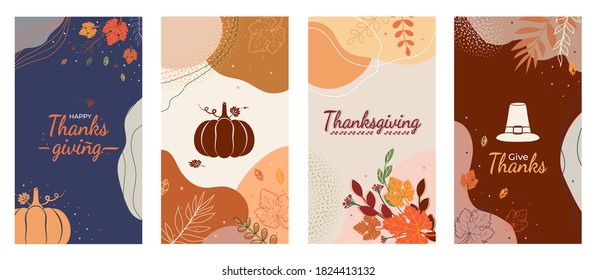 Thanksgiving social media stories abstract autumn, fall leaves background with pumpkin, pilgrim hat. For greeting card, invitation, poster, cover, banner, placard, brochure Vector illustration.