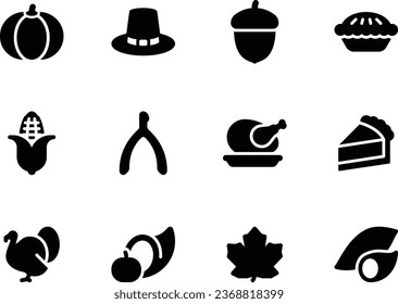 Thanksgiving solid glyph icon set with autumn related icons