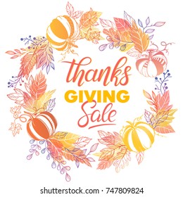 Thanksgiving special offer banner.Hand drawn lettering with leaves and pumpkins in fall colors.Sale season card perfect for prints, flyers,banners, promotion,special offer and more.