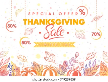 Thanksgiving special offer banner.Hand drawn lettering with leaves in fall colors.Sale season card perfect for prints, flyers,banners, promotion,special offer and more. Vector thanksgiving promotion.