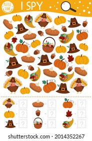 Thanksgiving I spy game for kids. Searching and counting activity for preschool children with turkey, pumpkin, cornucopia. Funny autumn printable worksheet for kids. Simple fall spotting puzzle.
