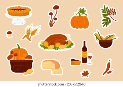 Thanksgiving sticker pack with cooked food and autumn harvest. Cartoon vector vegetables collection with turkey