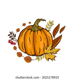 Thanksgiving sticker with a pumpkin and autumn leaves. Ripe orange pumpkin illustration.