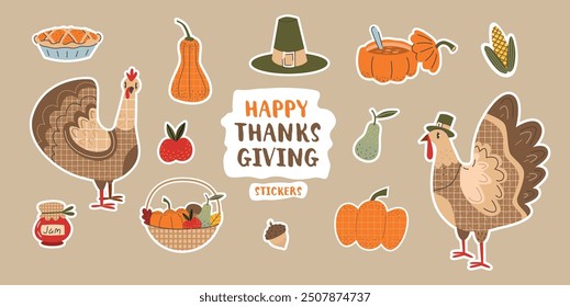 Thanksgiving sticker. Turkey, pumpkin pie, pilgrim's hat, pumpkin, autumn harvest and traditional food. Vector flat illustration.