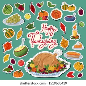 Thanksgiving stickers collection. Hand drawn traditional Thanksgiving diner icons isolated on blue background. Baked turkey, potato, corn, cranberry, leaves fall, pumpkins. Thanksgiving celebration.